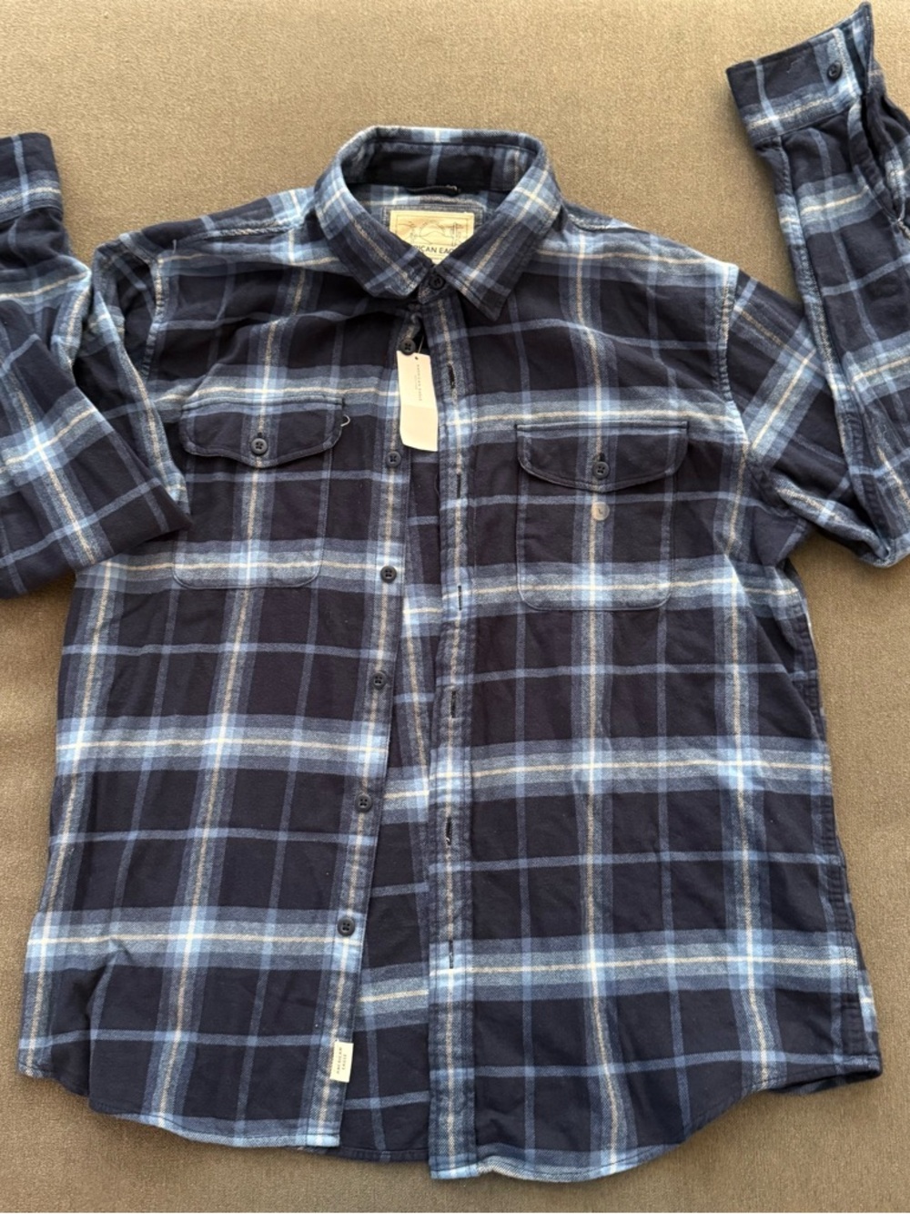 American Eagle Outfitters Navy and Light Blue Plaid Button-Down Shirt